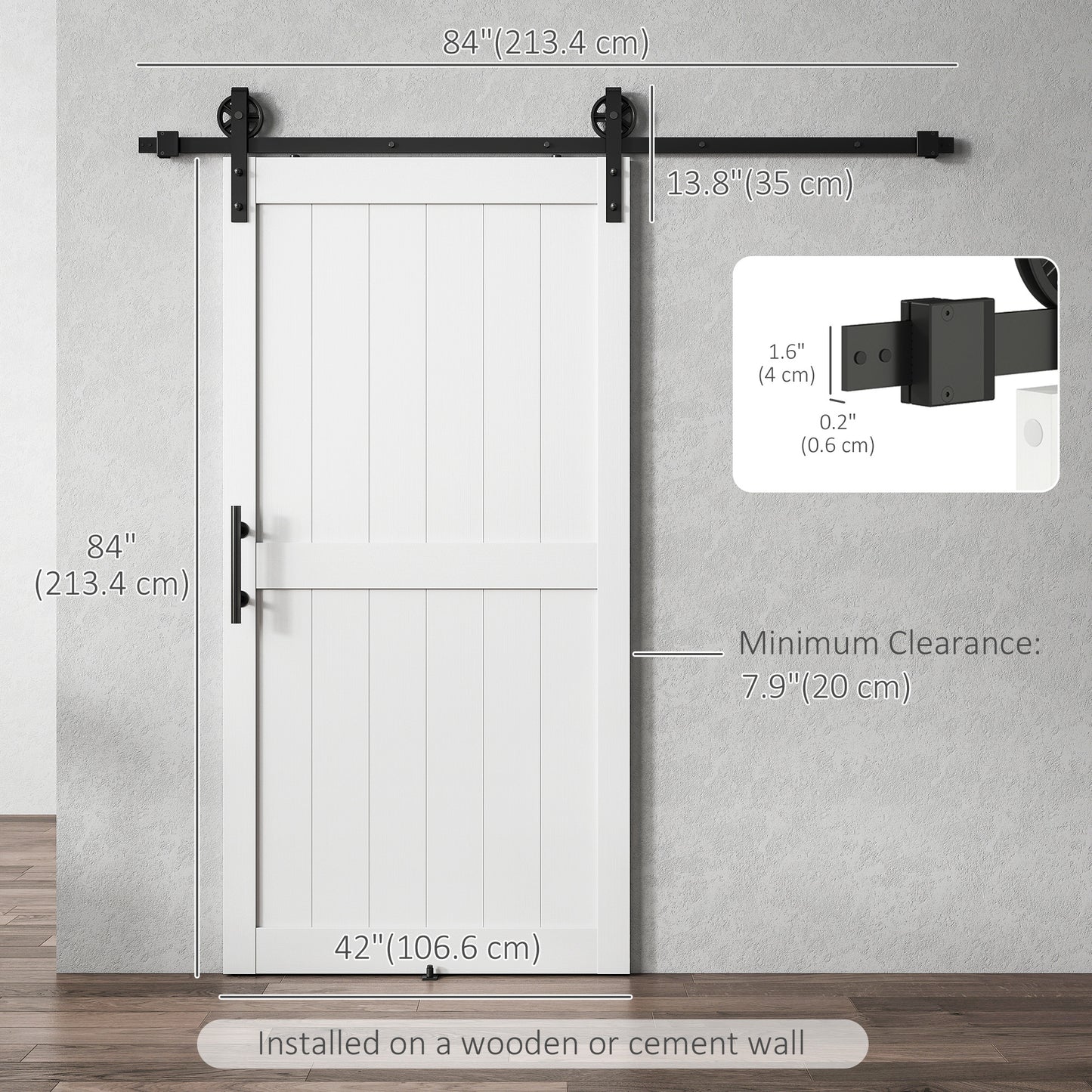 42inx84in Barn Door with 7FT Sliding Door Hardware Kit, Handle, Upgraded Rollers and Floor Guide, Waterproof, White