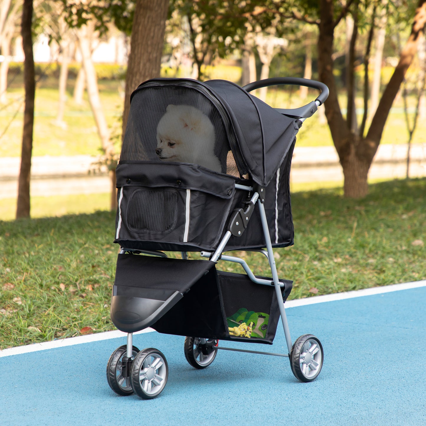 3 Wheels Foldable Dog Stroller with Storage Basket, Adjustable Canopy, Cupholder for Miniature and Small Dogs, Black