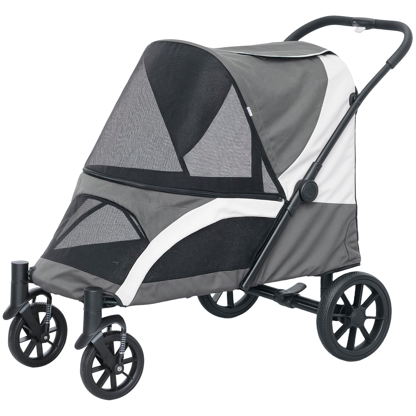 Foldable Pet Stroller for Large Dogs with Four Big Wheels, Shock-Absorbing Frame, Safety Leashes, Brakes, Dark Grey