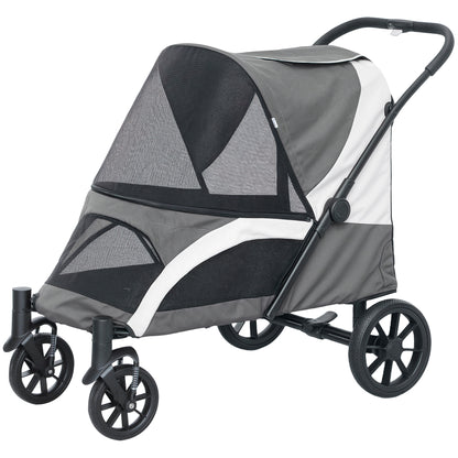 Foldable Pet Stroller for Large Dogs with Four Big Wheels, Shock-Absorbing Frame, Safety Leashes, Brakes, Dark Grey