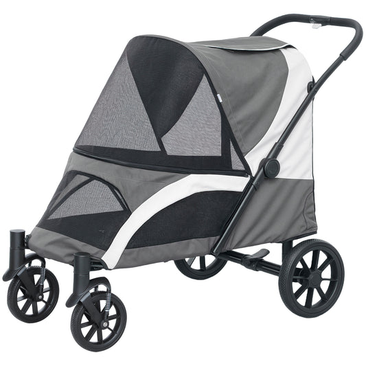 Foldable Pet Stroller for Large Dogs with Four Big Wheels, Shock-Absorbing Frame, Safety Leashes, Brakes, Dark Grey