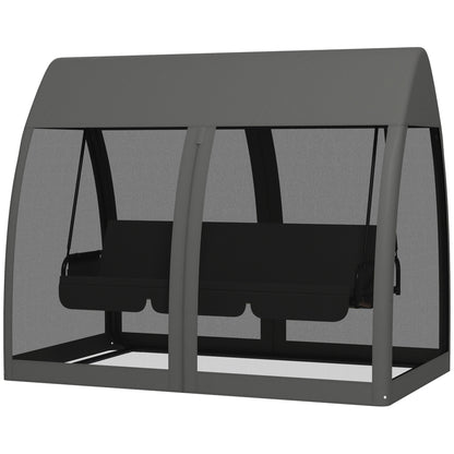 3-Seater Outdoor Swing Chair Chaise Lounger Bed Garden Hammock with Steel Stand, Canopy Netting Walls, Dark Grey