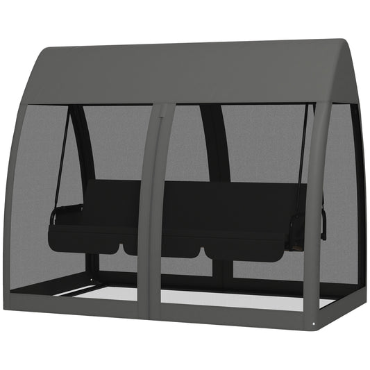 3-Seater Outdoor Swing Chair Chaise Lounger Bed Garden Hammock with Steel Stand, Canopy Netting Walls, Dark Grey