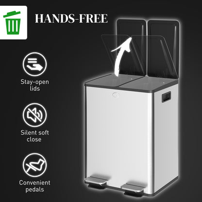 Dual Garbage Bin, Soft-Close Trash Can with Foot Pedal, 2 x 20 Liter Garbage Can with Removable Inner Buckets, Silver