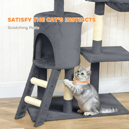 53" Cat Tree Tower, Kitten Activity Centre with Scratching Posts, Condo, Perches, Ladder, Hammock, Dangling Toys, Dark Grey