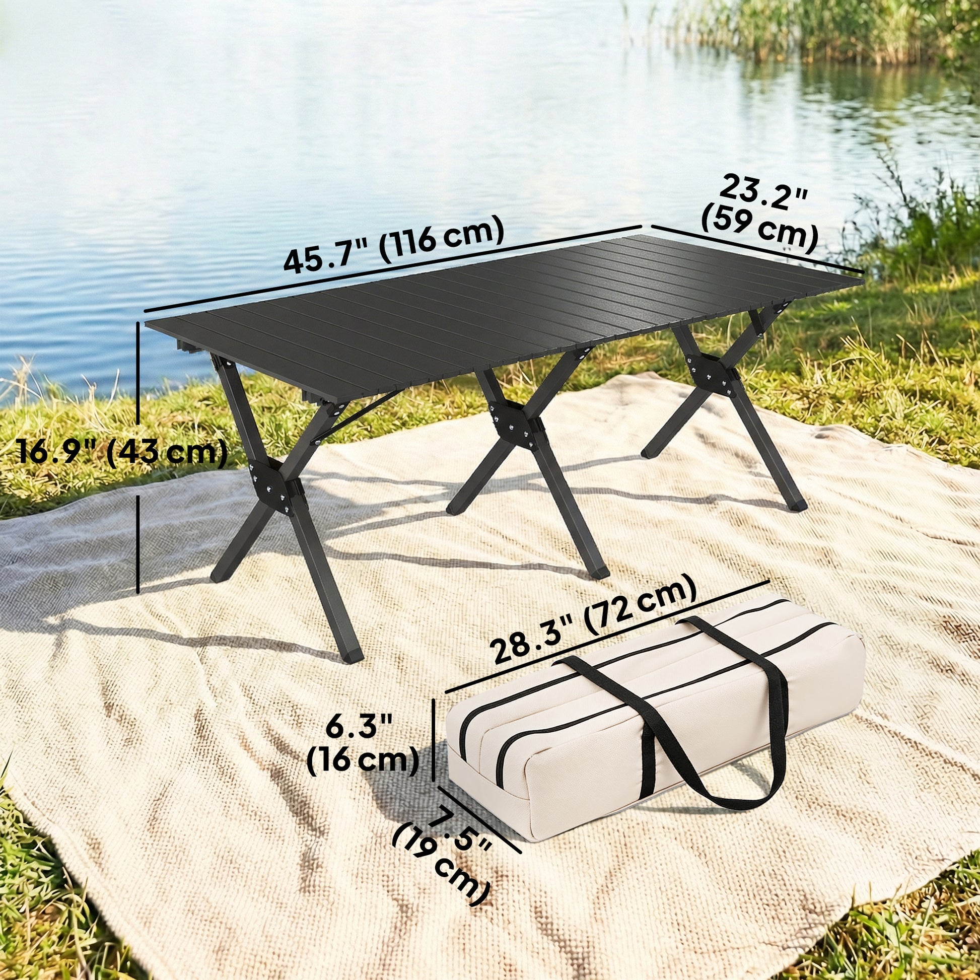 4ft Folding Camping Table, Waterproof Picnic Table with Roll Up Top and Metal Frame, Black