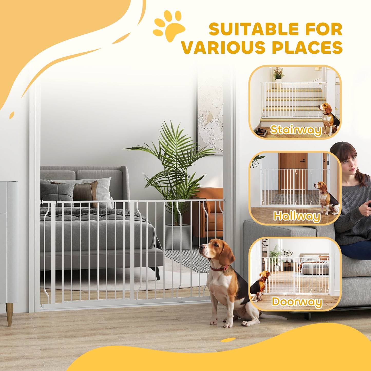 30"- 57" Easy Install Pet Gate w/ Door & Double Locking System, Extra Wide Dog Gate for Stairs, Hallways, White
