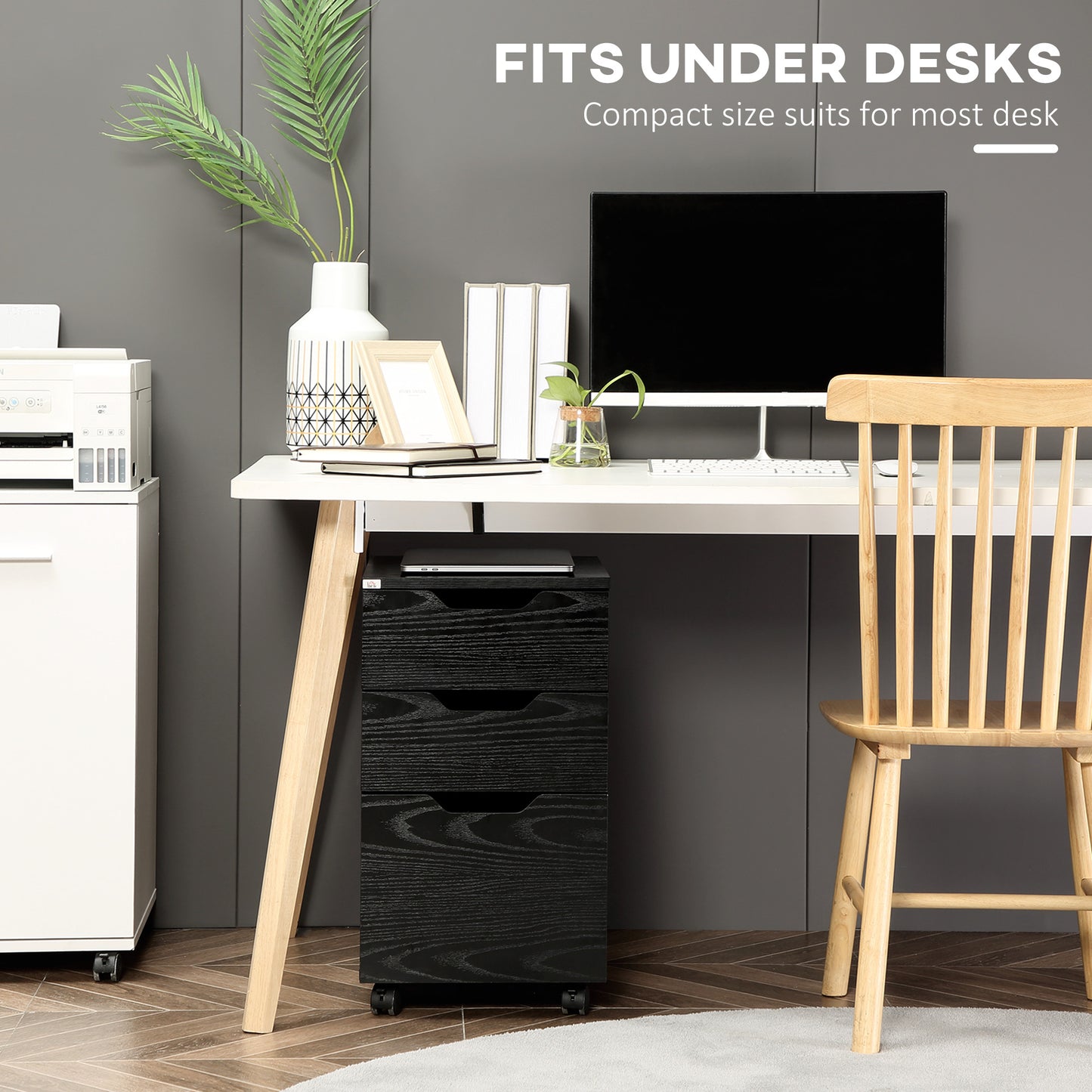 Vertical Filing Cabinet, 3 Drawer Mobile File Cabinet, Under Desk Office Storage Cabinet with Wheels, Black Wood Grain