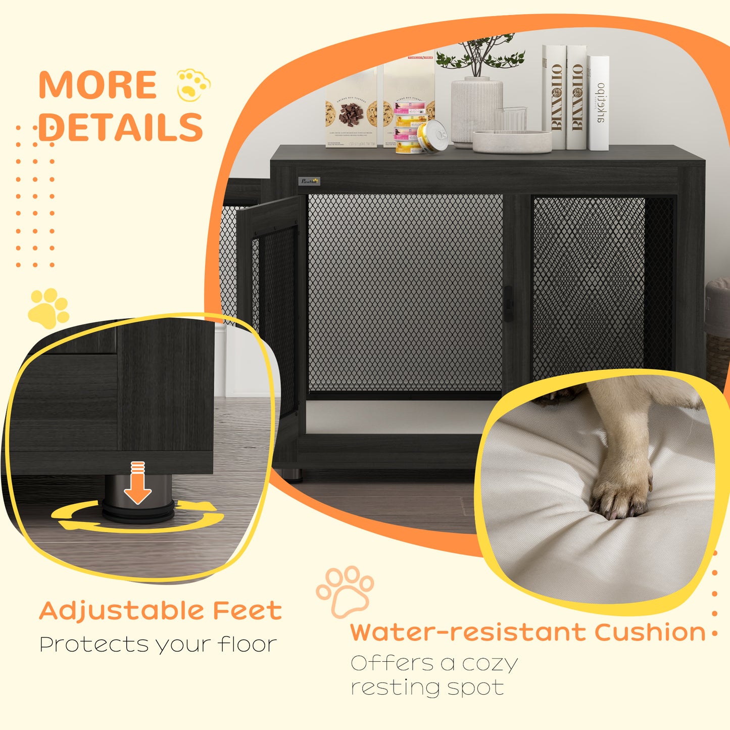 Pet Crate End Table with Water-resistant Cushion or Large Medium Dogs, Black