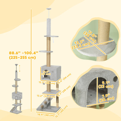 89"-100" Floor to Ceiling Cat Tree w/ Scratching Post, Cat House, 3-Steps, Hanging Ball, Perches, Light Grey
