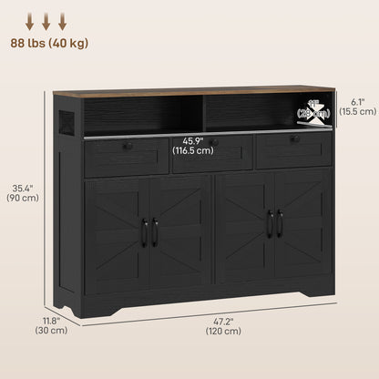 Sideboard, Buffet Cabinet with 4 Barn Doors and 3 Drawers, Coffee Bar Cabinet with Adjustable Shelves, Black