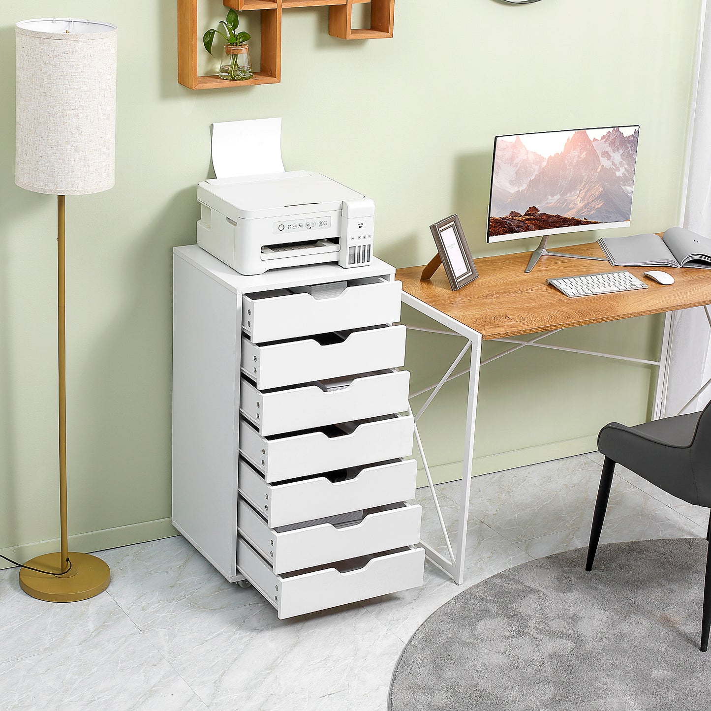 7-drawer Vertical File Cabinet for Home Office, Storage Cabinet with Wheels, 18.7"x15.6"x35.4", White