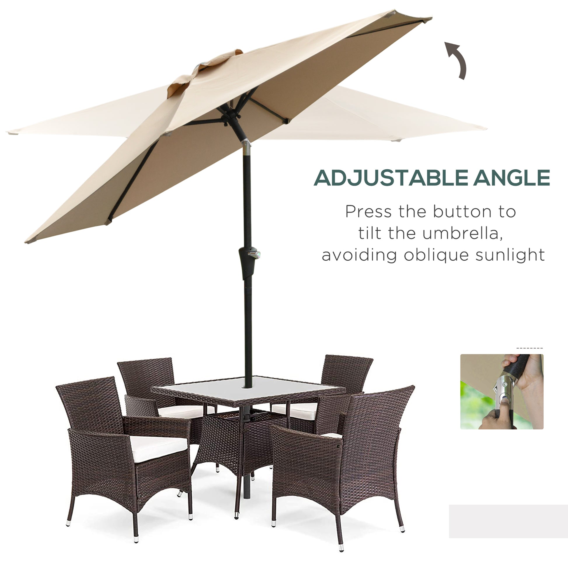 Patio Sun Umbrella, Outdoor Parasol with 6 Ribs, Khaki