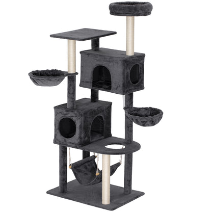 66 Inch Large Cat Tree with 2 Door Condos, 3 Big Hammocks, Plush Top Perch, Sisal Scratching Posts, Dark Grey
