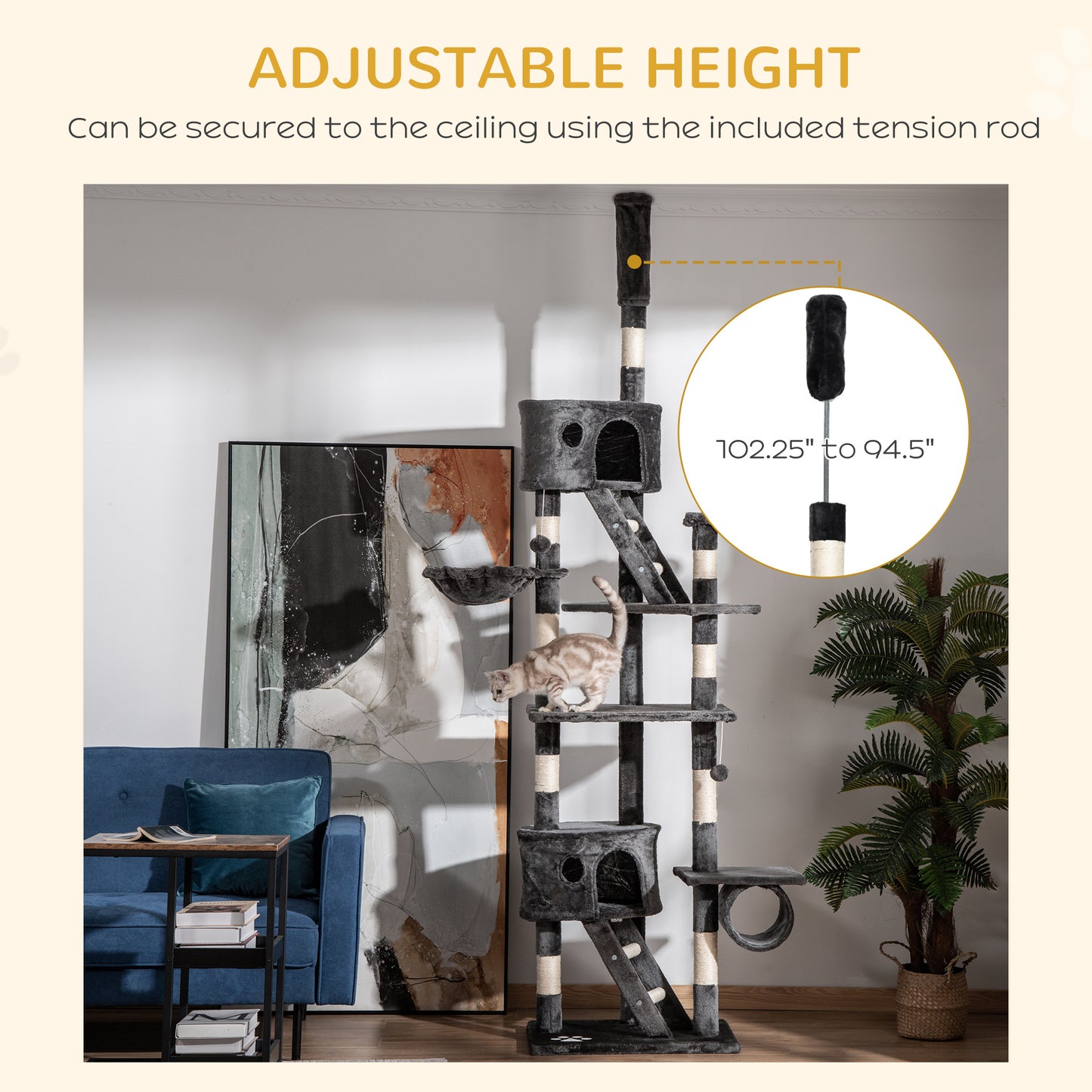94"-102" Floor to Ceiling Cat Tree High Cat Condo Scratching Post Activity Center Multi-Level Play House Dark Grey