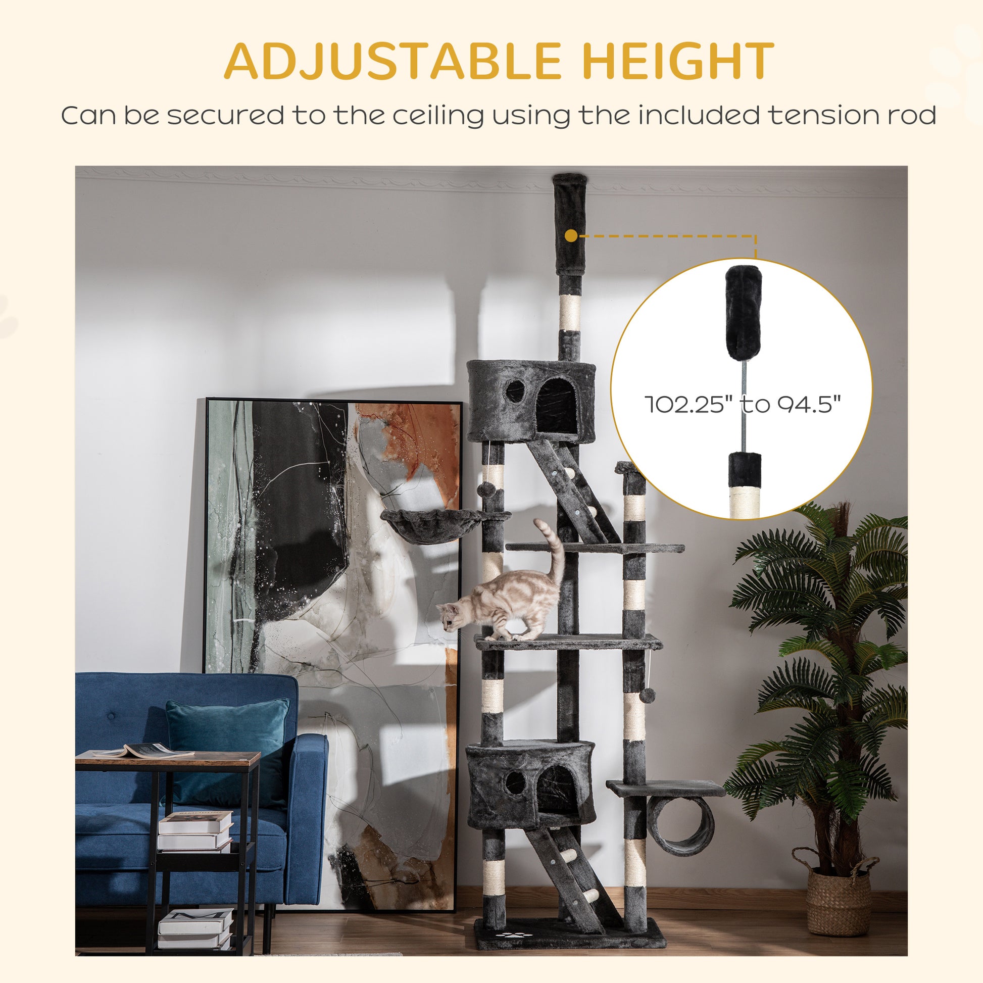 94"-102" Floor to Ceiling Cat Tree High Cat Condo Scratching Post Activity Center Multi-Level Play House Dark Grey
