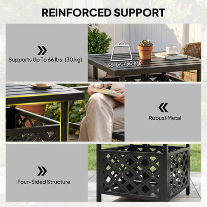 22" Outdoor Coffee Table, Patio Side Table with Umbrella Hole Slatted, Metal Top, for Garden, Backyard, Poolside, Black