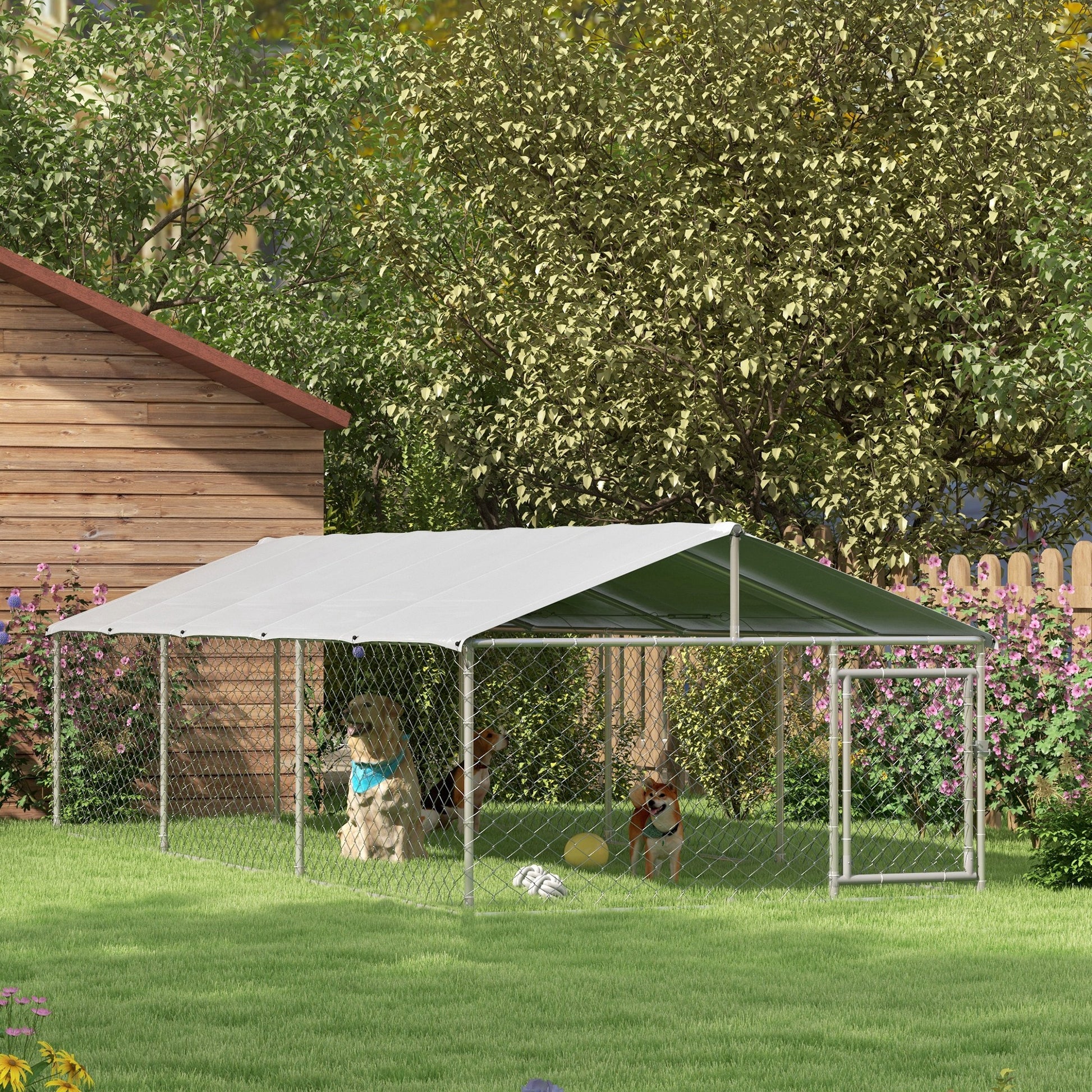 19.7' x 7.5' x 4.9' Outdoor Dog Kennel Dog Run with Waterproof, UV Resistant Cover for Medium Large Sized Dogs, Silver