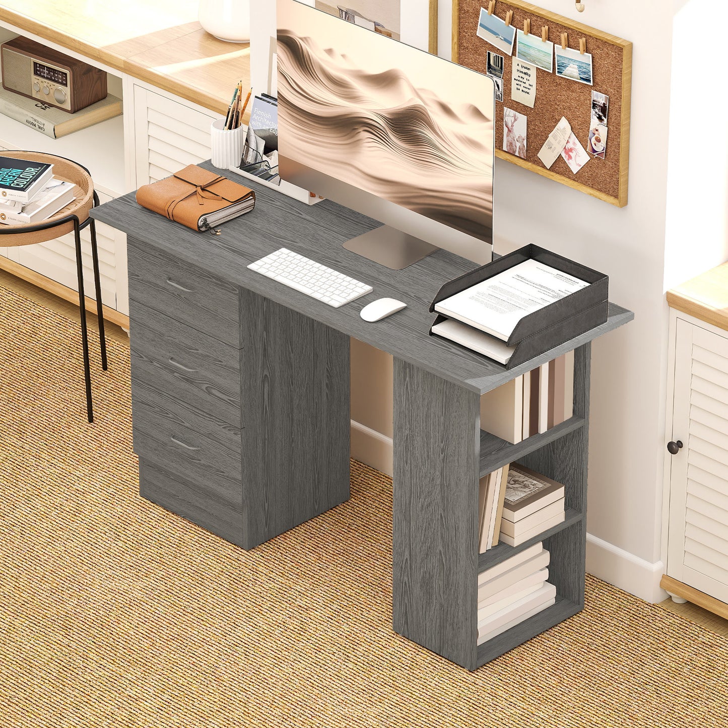 Computer Desk, 47" Writing Table with 3-Tier Shelves and 3 Reversible Drawers for Home Office, Bedroom, Grey