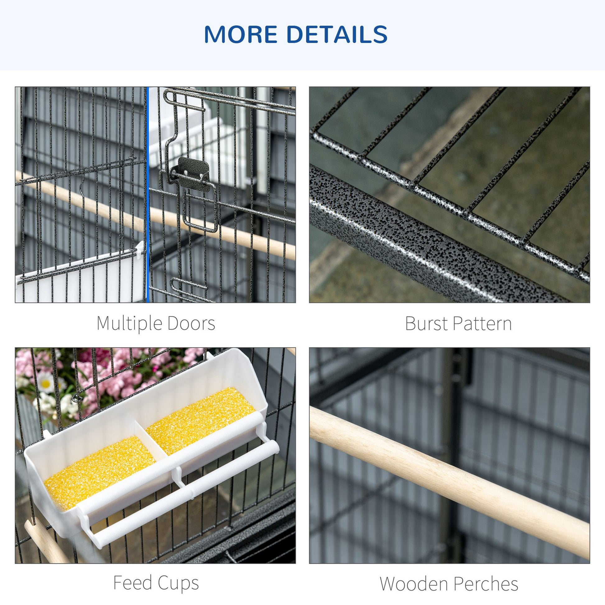 52'' Large Rolling Steel Bird Cage Bird House with Rolling Stand, Storage Shelf, Wood Perch, Food Container, Dark Grey