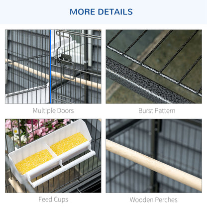 52'' Large Rolling Steel Bird Cage Bird House with Rolling Stand, Storage Shelf, Wood Perch, Food Container, Dark Grey