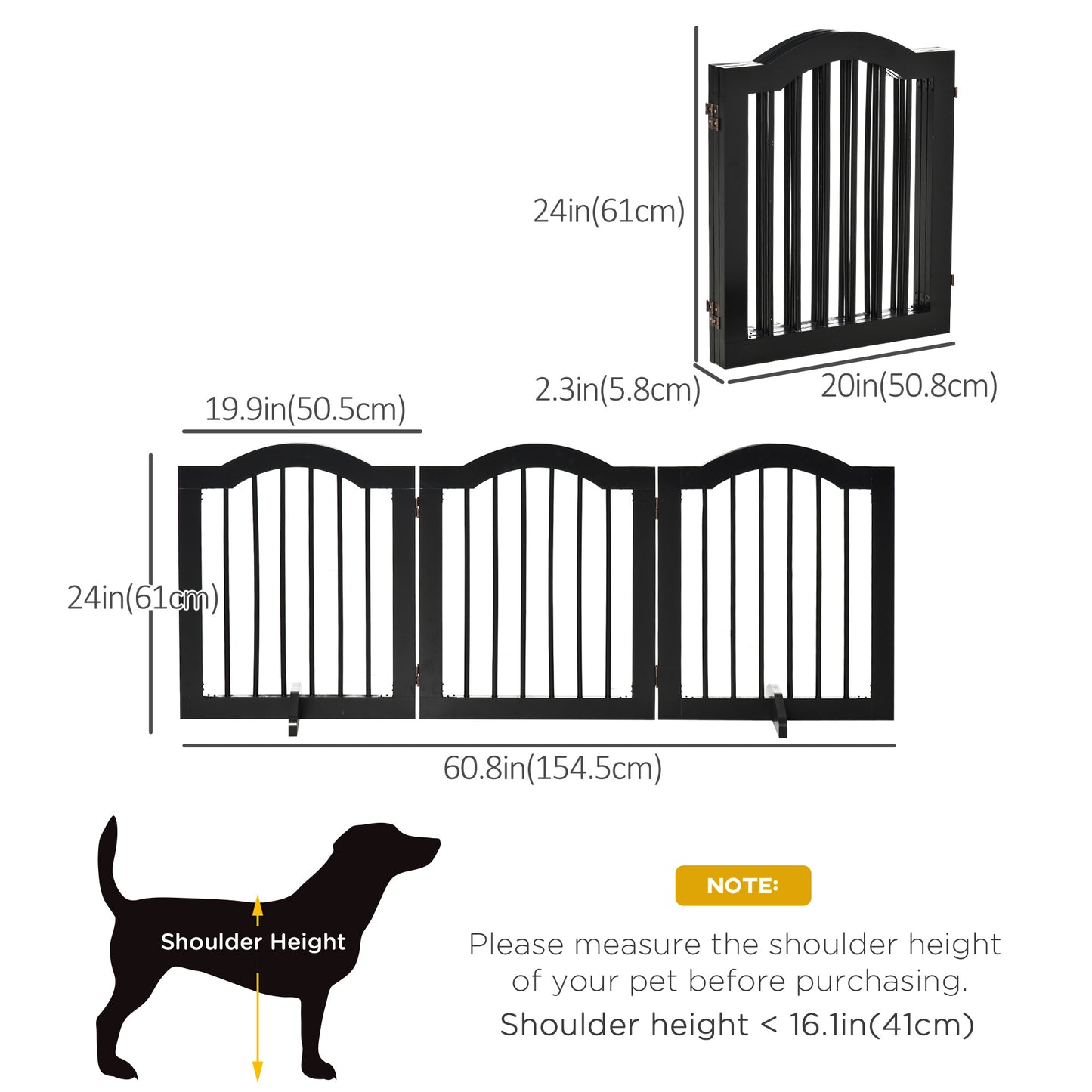24"H Foldable Dog Gate, 3 Panels Freestanding Pet Gate Barriers Indoor with Support Feet, Puppy Fence for Small Dogs, Black