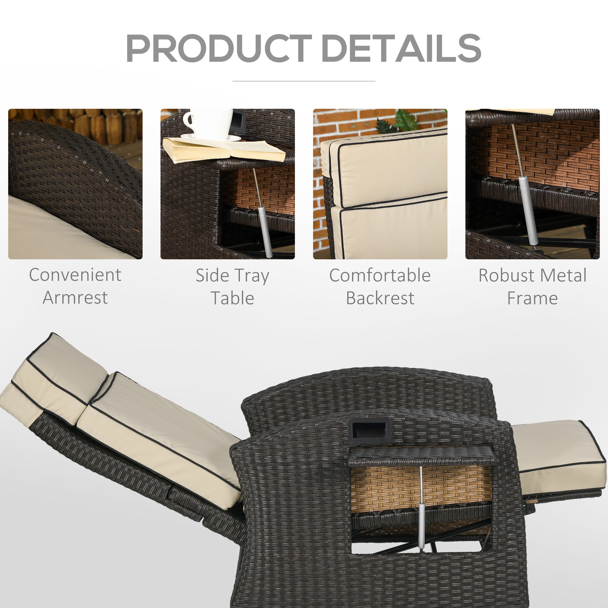 Outdoor Recliner Chair with Adjustable Backrest and Footrest, Washable Cushion, Side Tray, Up to 352 lbs, Khaki