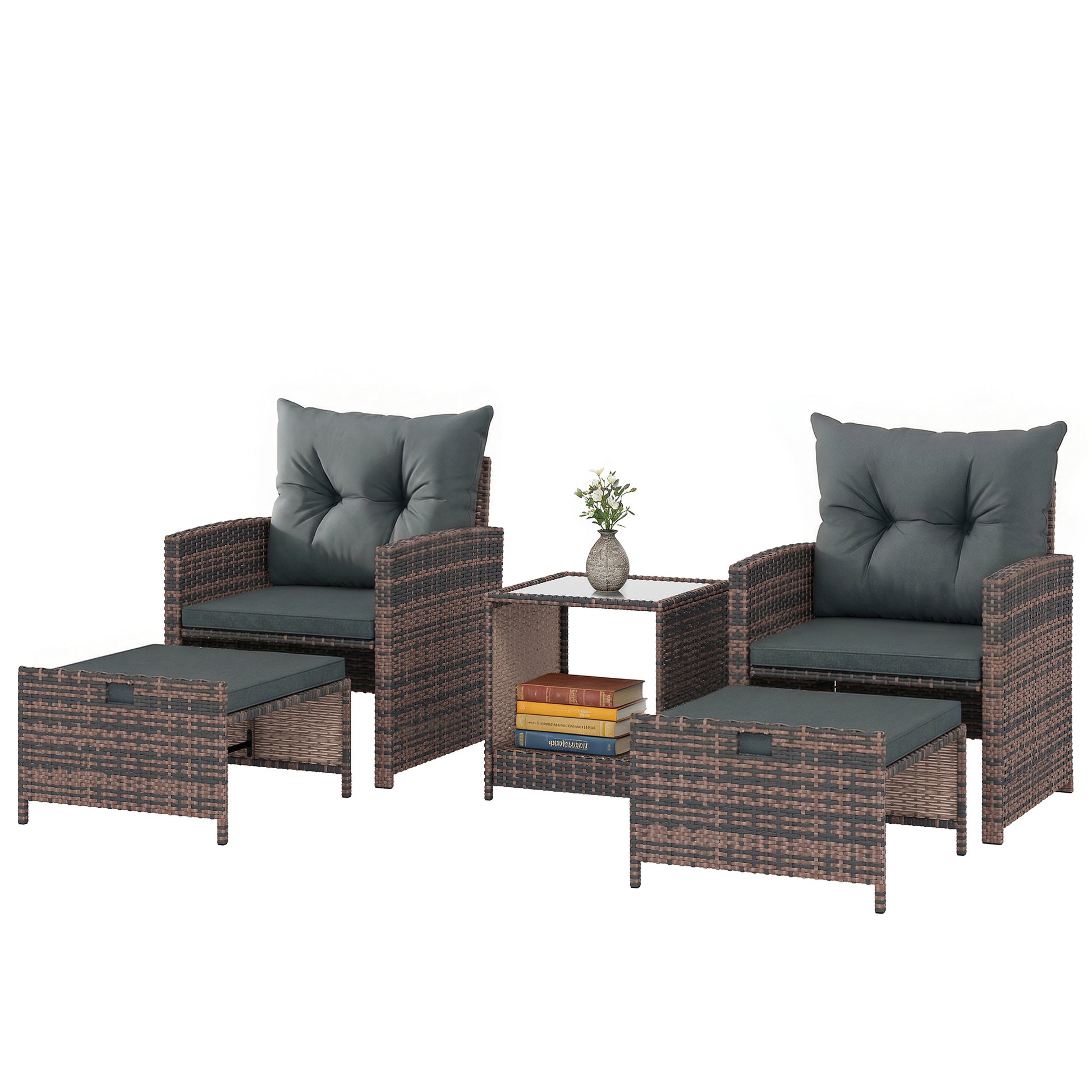5 Piece Patio Furniture Set, Wicker Patio Chairs with Ottomans, 2-Tier Glass Coffee Table and Cushions, Brown/Dark Grey