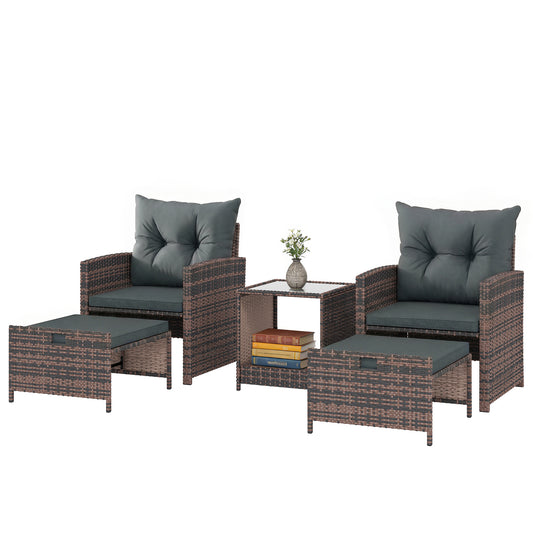 5 Piece Patio Furniture Set, Wicker Patio Chairs with Ottomans, 2-Tier Glass Coffee Table and Cushions, Brown/Dark Grey