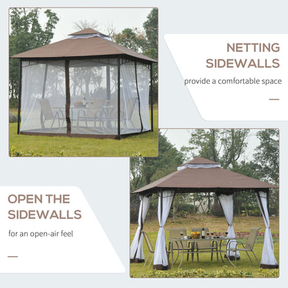 10' x 10' Double Tier Garden Gazebo Canopy Outdoor Sunshade Tent Anti-UV Roof with Metal Frame, Coffee