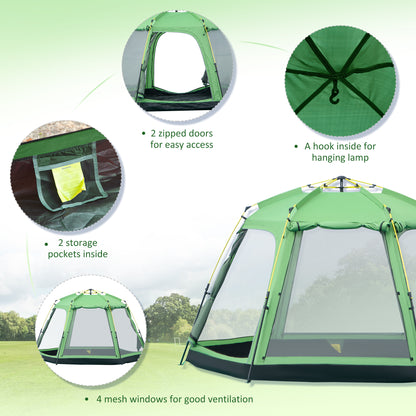 6 People Instant Automatic Camping Tent, 2-Tier Fabric Backpacking Tent with 4 Windows 2 Doors Portable Carry Bag for Fishing Hiking, Green