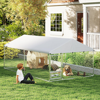 Outdoor Dog Run w/ Adjustable & Rotating Bowls, Water-Resistant UV-Resistant Cover, Secure Lock, 13.1' x 7.5' x 5.2'