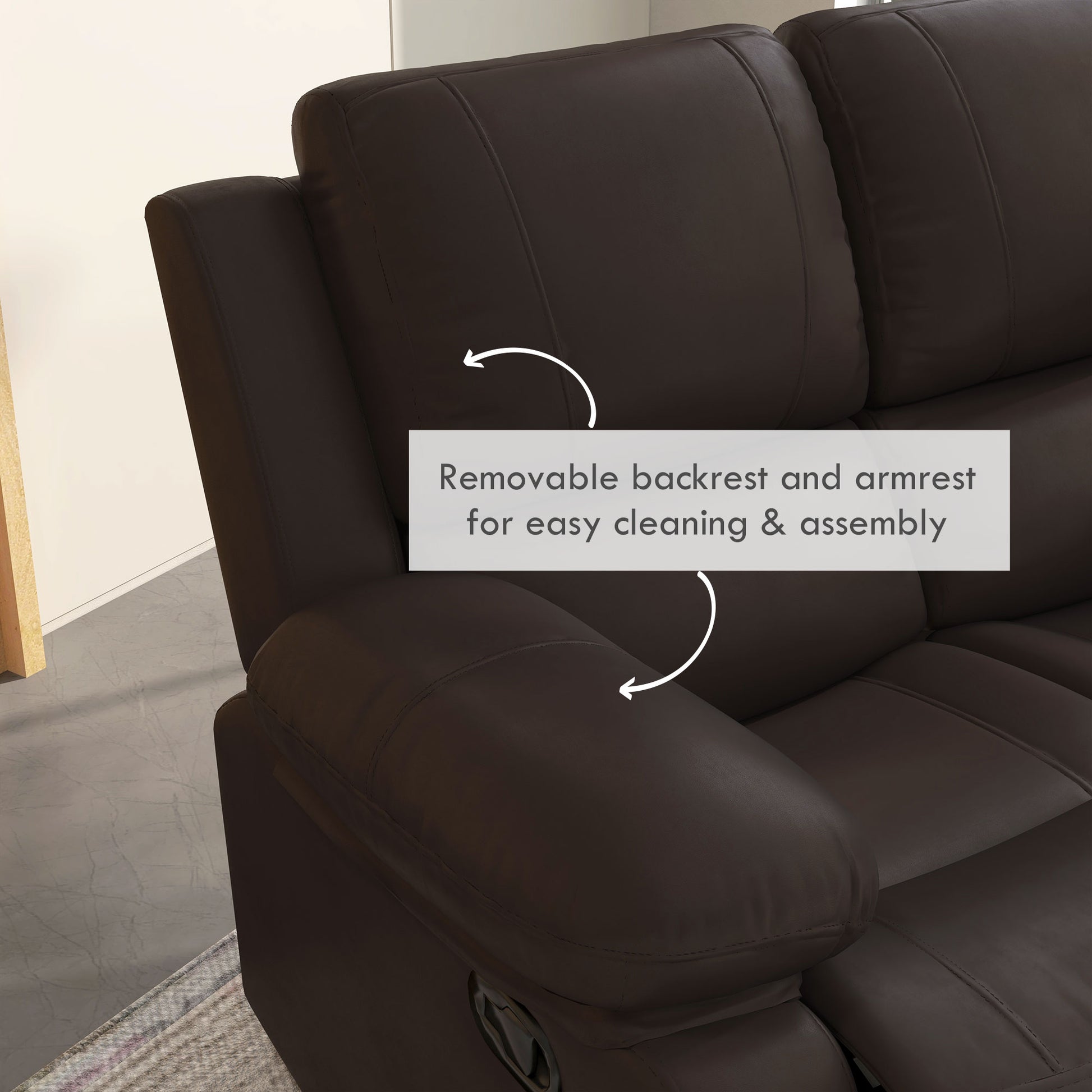 Reclining Loveseat Sofa with Pullback Control Footrest, Leather Manual Recliner for Living Room, Easy Cleaning & Assembly, Brown