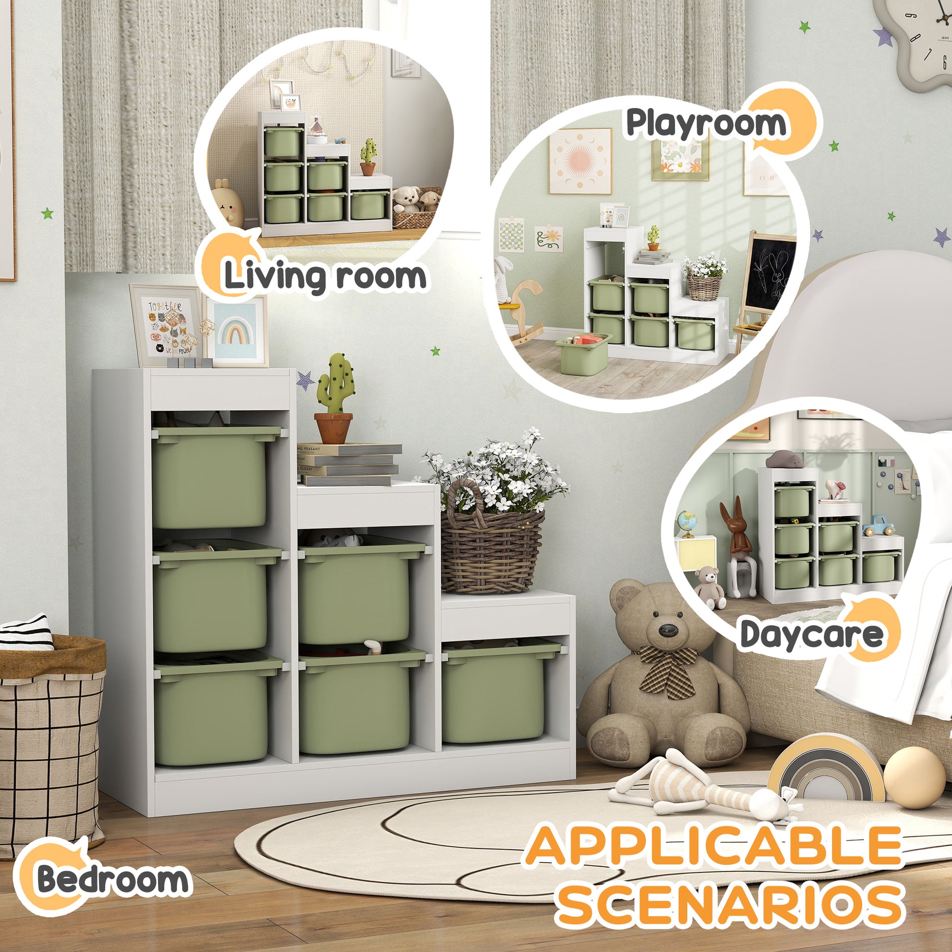 Qaba 3 Layers Toy Storage Organizer Kids Bookshelf Children Toy Storage w/ 6 Plastic Bins, Green