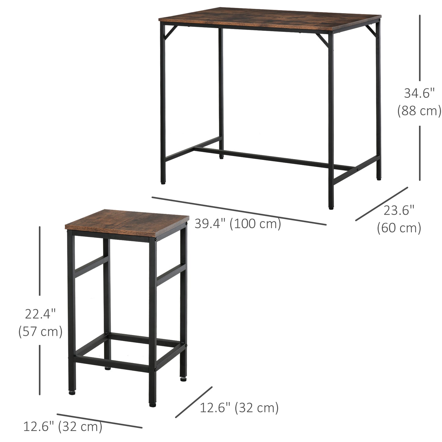5 Pieces Industrial Rectangular Bar Table Set, Dining Table Set Breakfast Table with 4 Stools for Dining Room, Kitchen, Dinette, Rustic Brown