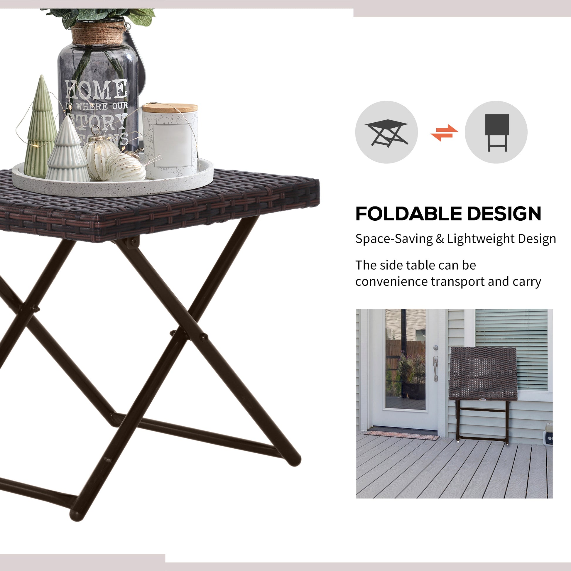 Patio Wicker Coffee Table, Outdoor PE Rattan Garden Folding Side Table, 15.75"x15.75"x15.75", Brown