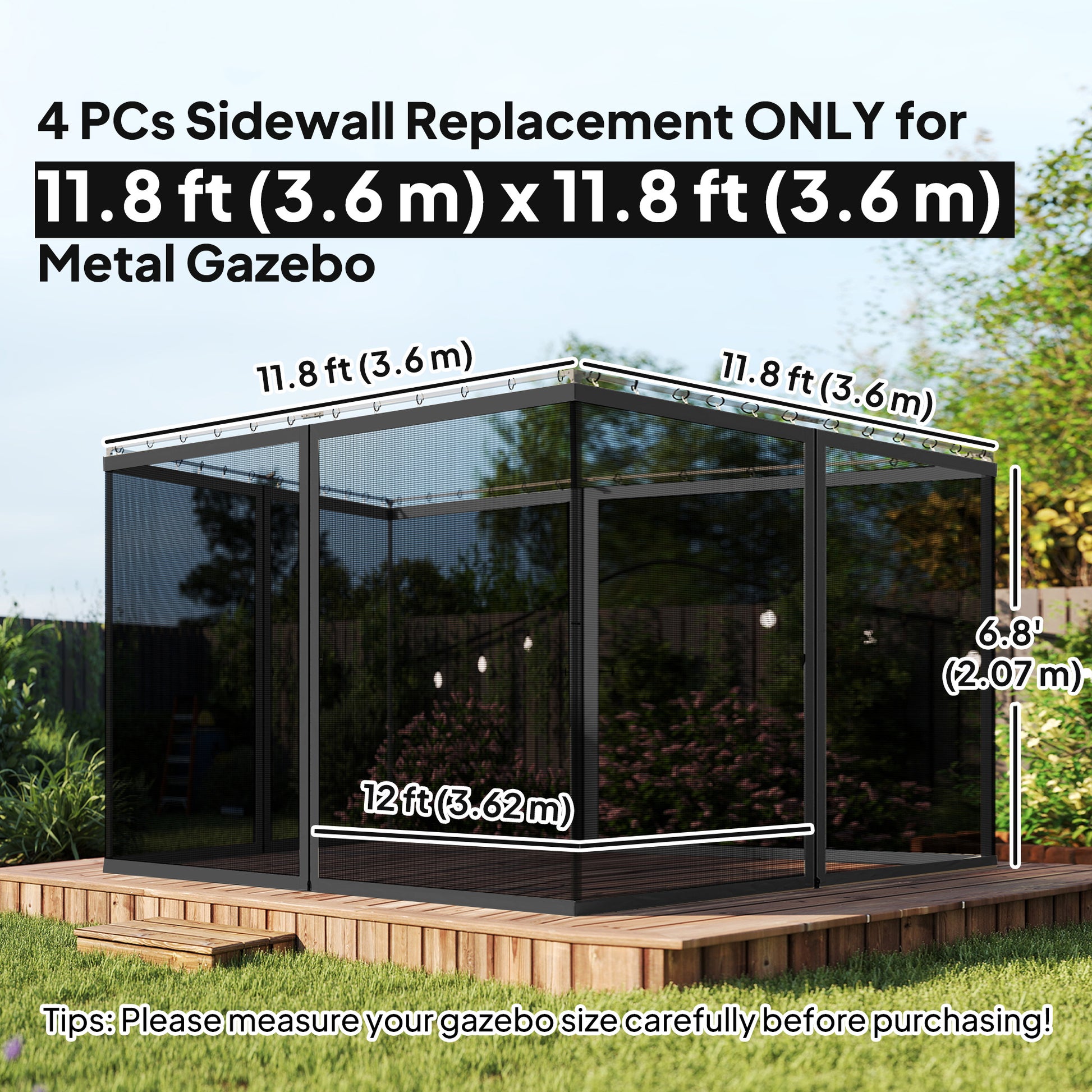 Replacement Mosquito Netting for Gazebo 12' x 12' Black Screen Walls for Canopy with Zippers, Black