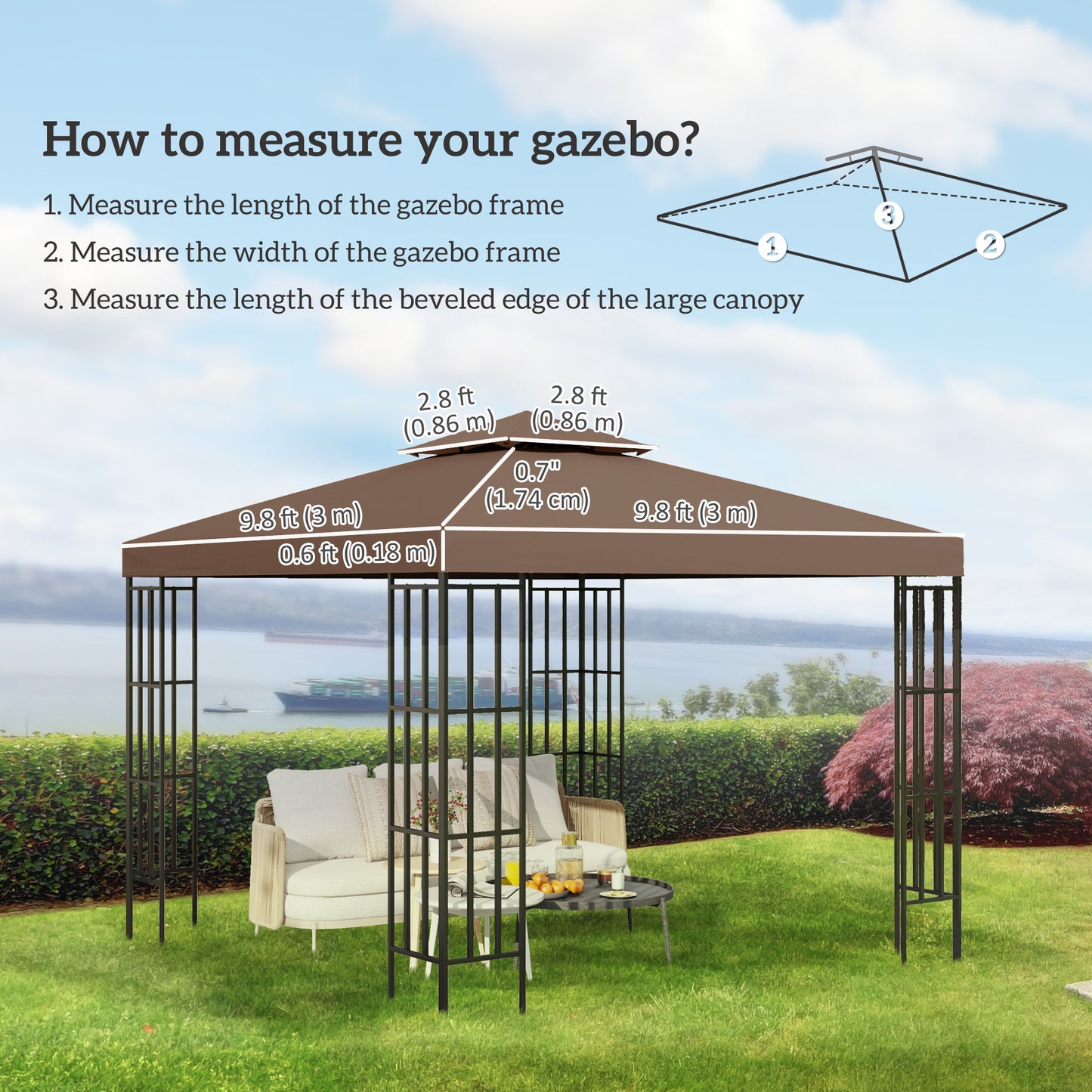 10' x 10' Square 2-Tier Gazebo Canopy Replacement Top Cover Outdoor Garden Sun Shade, Coffee