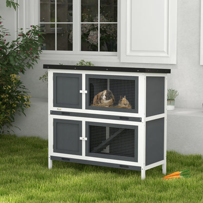 Wood Rabbit Hutch with 2 Large Main House, Ramp, Trays, Grey