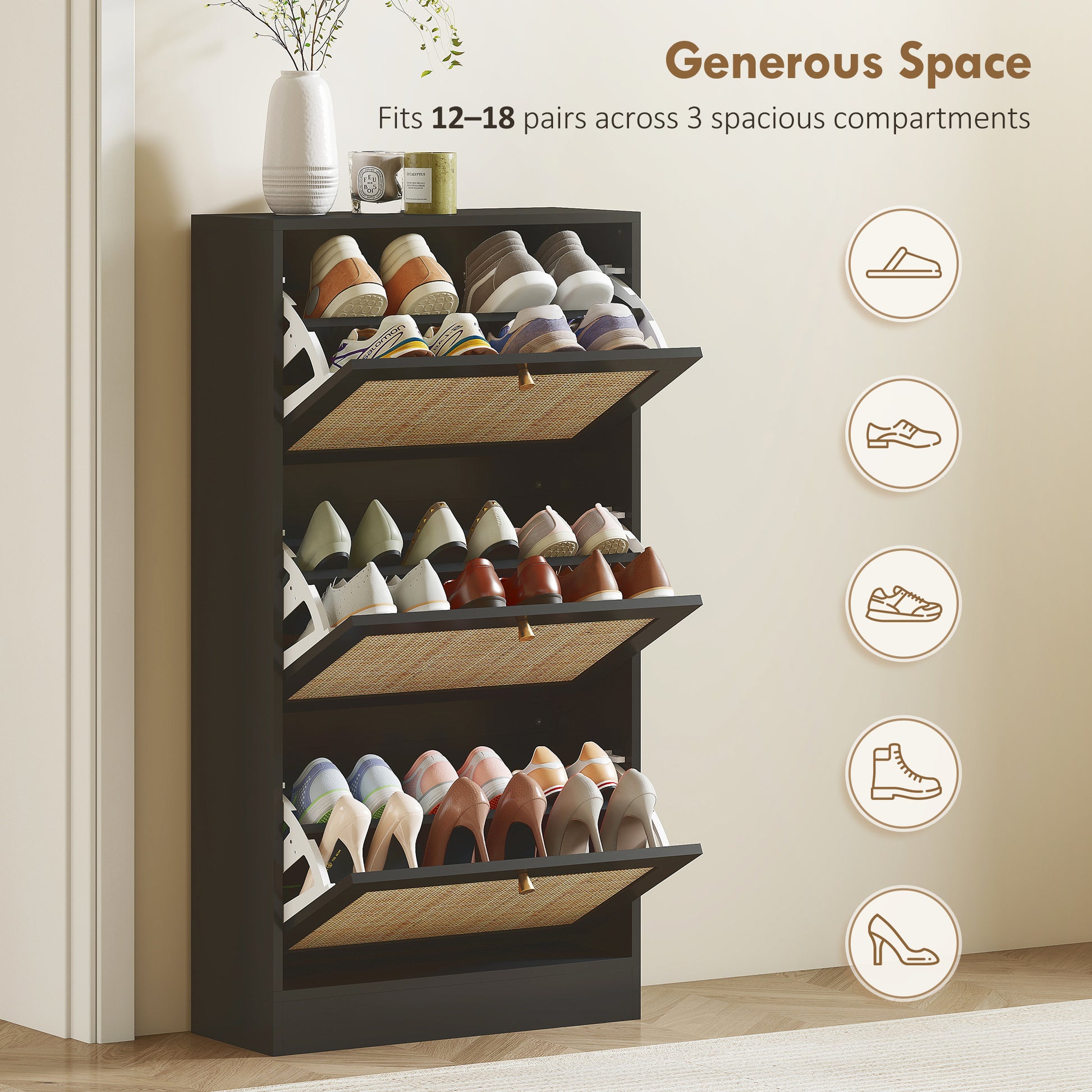 Rattan Shoe Storage Cabinet with 3 Flip Drawers and Adjustable Shelves, Entryway Shoe Cabinet for 18 Pairs, Black