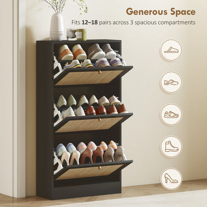 Rattan Shoe Storage Cabinet with 3 Flip Drawers and Adjustable Shelves, Entryway Shoe Cabinet for 18 Pairs, Black