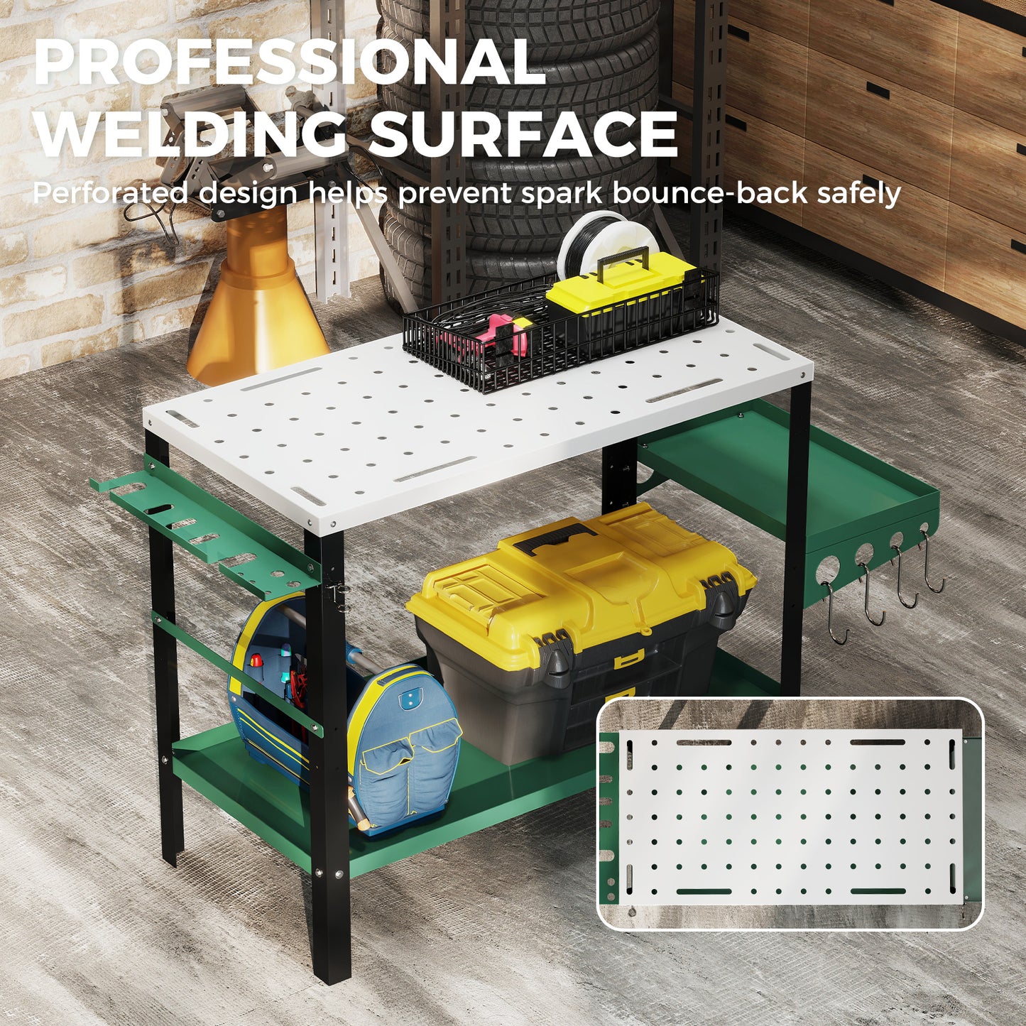 2Tier Rolling Tool Cart with Wheels, Lockable Steel Heavy Duty Cart with Side Tray, Silver & Green