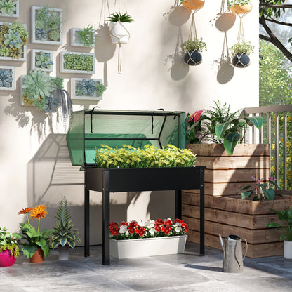Raised Garden Bed Planter with PE Greenhouse Cover, Elevated Garden Bed Box with Drainage Hole for Flowers, Black