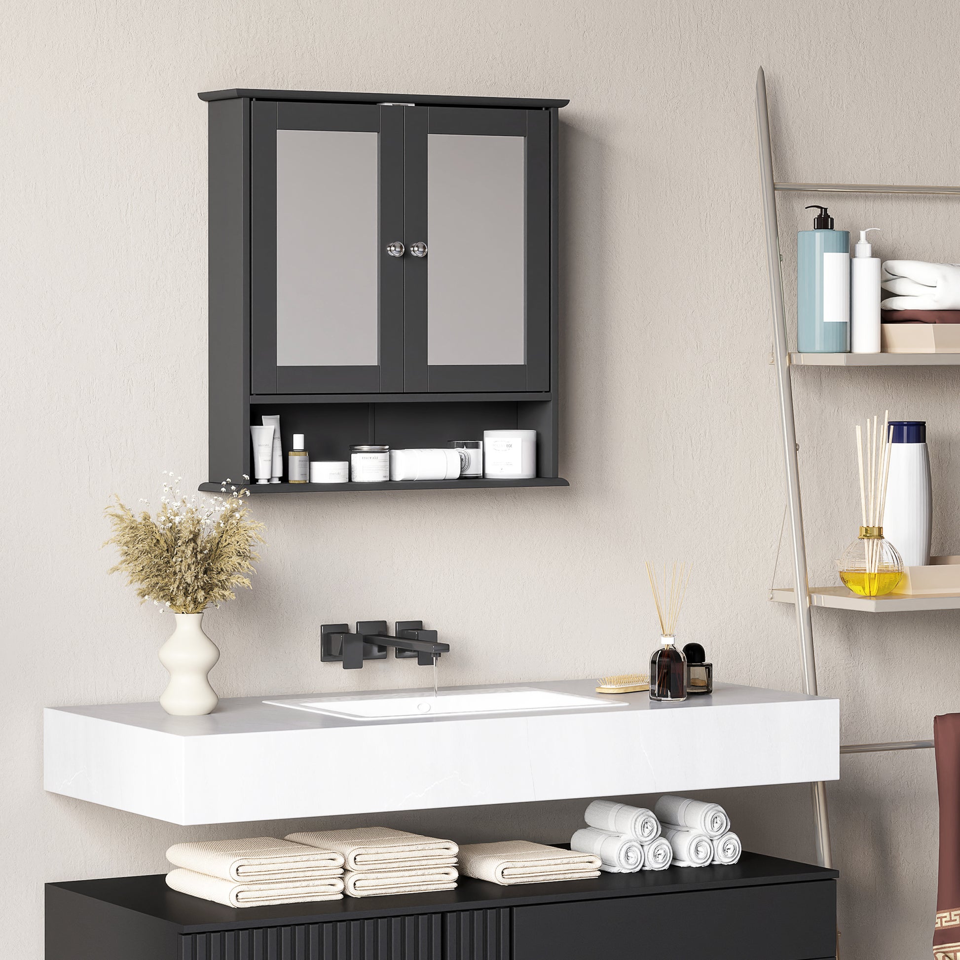 Medicine Cabinet, Wall-Mounted Bathroom Mirror Cabinet with Double Doors, Open Shelf, and Adjustable Shelf, Modern Bathroom Wall Cabinet, Black