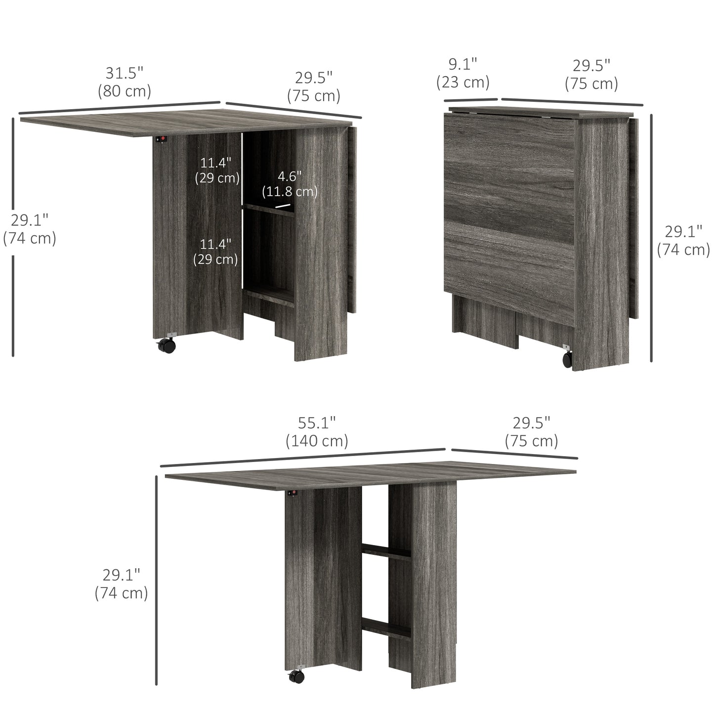 Extendable Dining Table, Collapsible Folding Table w/ 2-tier Shelves and Rolling Casters, Grey Wood Grain