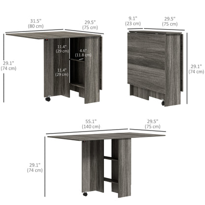 Extendable Dining Table, Collapsible Folding Table w/ 2-tier Shelves and Rolling Casters, Grey Wood Grain
