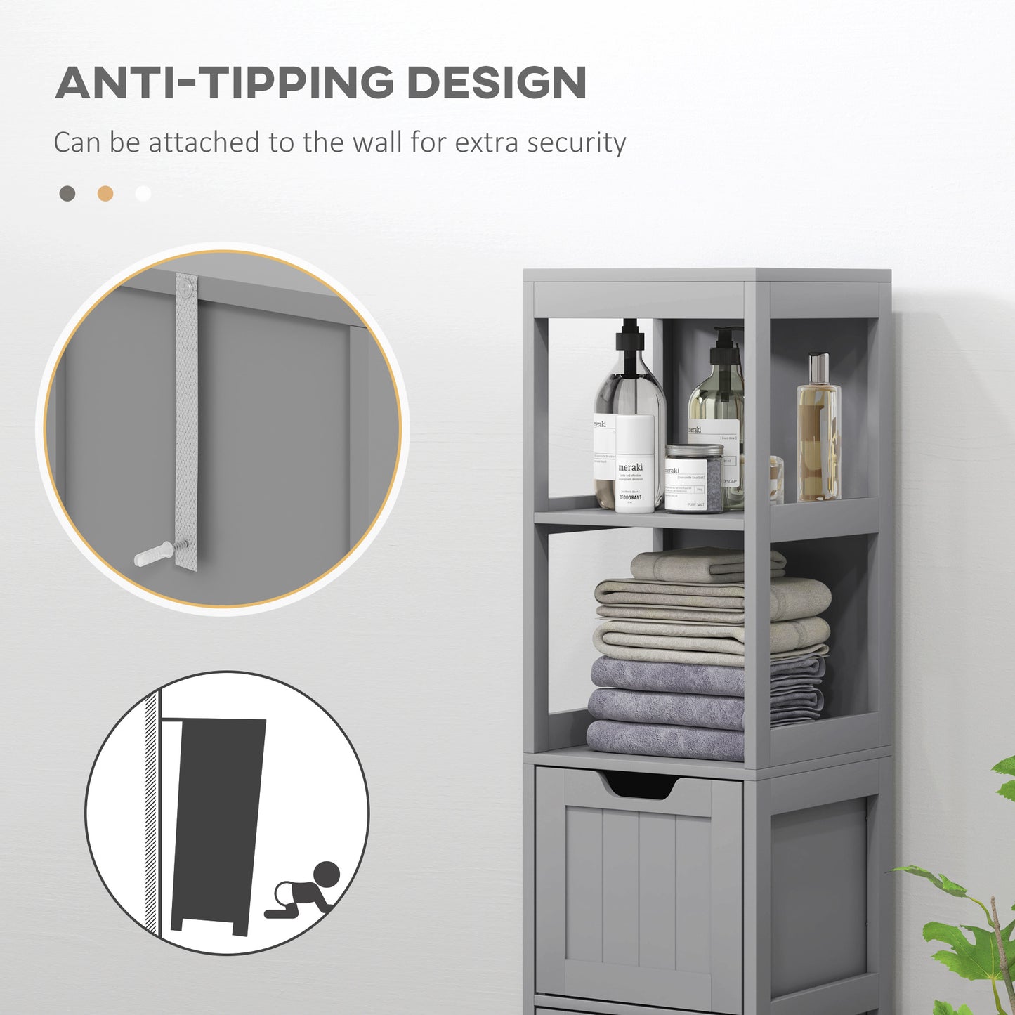 Narrow Bathroom Cabinet with 3 Drawers and 2 Tier Shelf, Tall Cupboard Freestanding Linen Tower, Grey