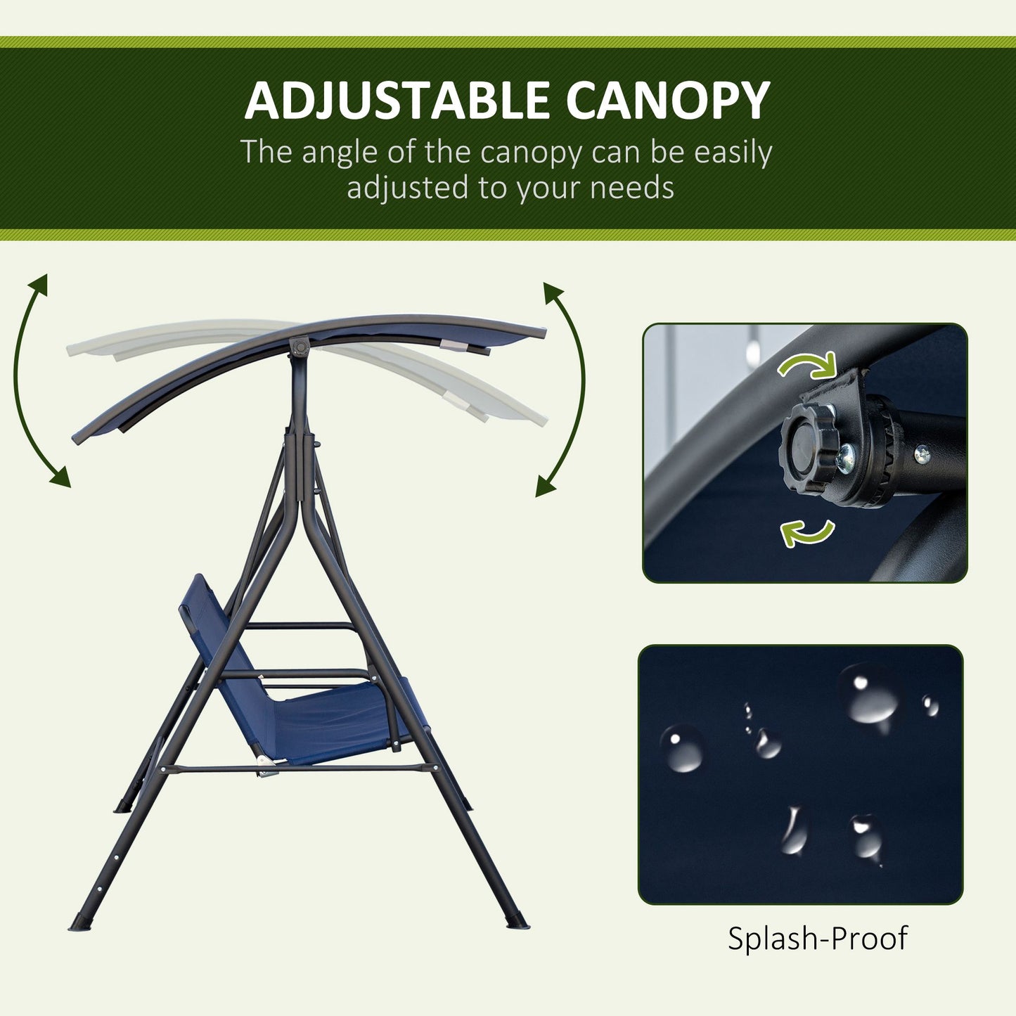 3-Seater Outdoor Porch Swing with Adjustable Canopy, Patio Swing Chair for Garden, Poolside, Backyard, Dark Blue