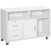 Lateral Filing Cabinet with Open Storage Shelf, Printer Stand Home Office Mobile File Cabinet with Wheels, Lockable Drawer, White