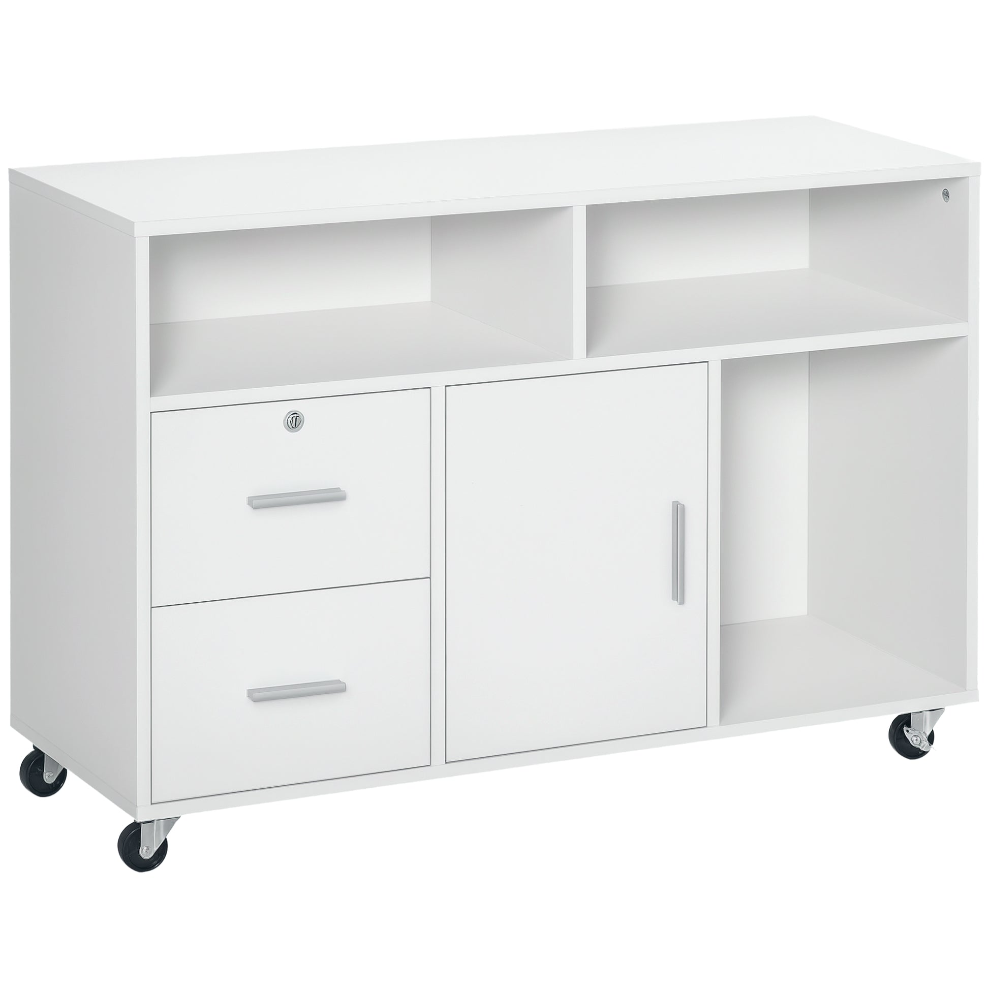 Lateral Filing Cabinet with Open Storage Shelf, Printer Stand Home Office Mobile File Cabinet with Wheels, Lockable Drawer, White